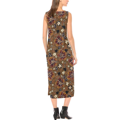 Hawaiian Themed Pattern Print Design H01 Sleeveless Open Fork Long Dress