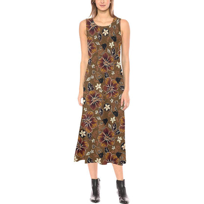 Hawaiian Themed Pattern Print Design H01 Sleeveless Open Fork Long Dress
