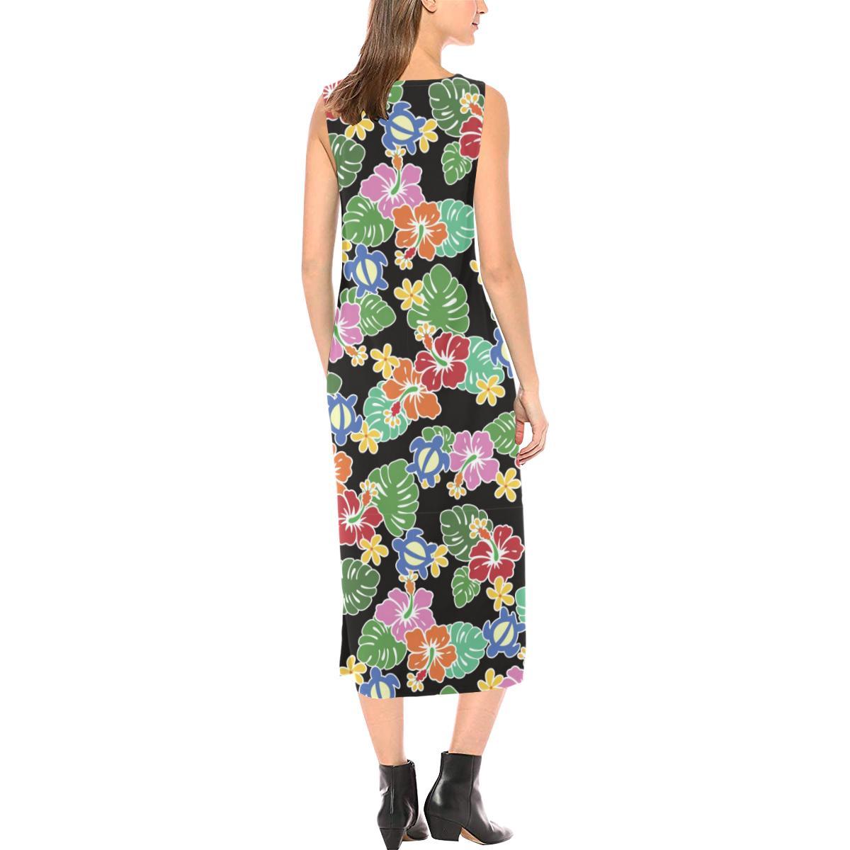 Hawaiian Themed Pattern Print Design H010 Sleeveless Open Fork Long Dress