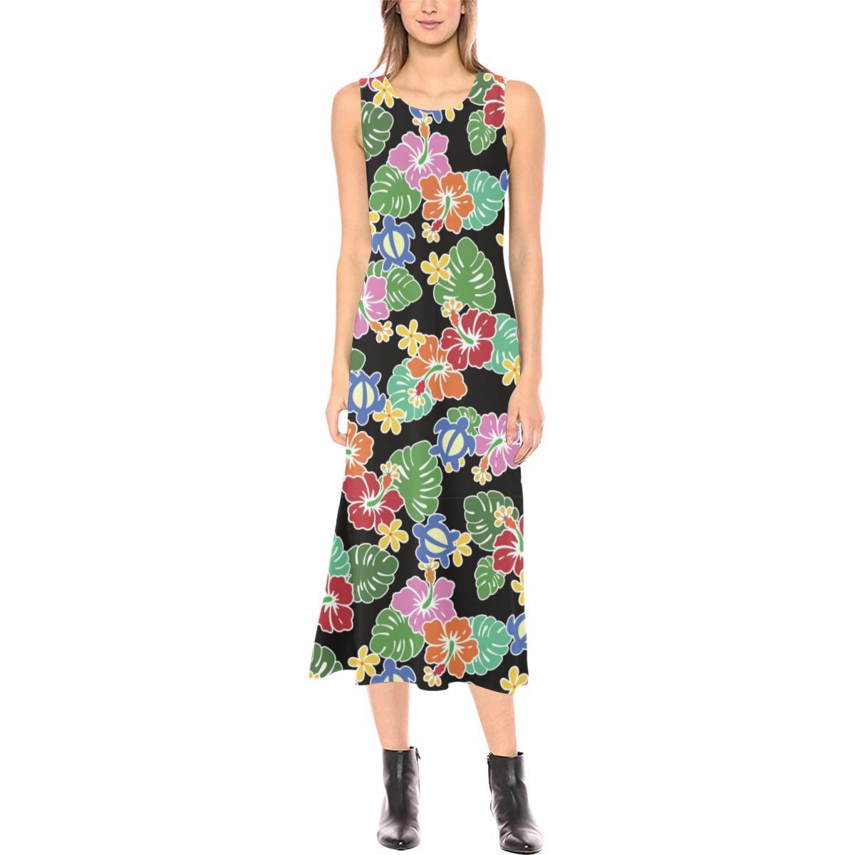Hawaiian Themed Pattern Print Design H010 Sleeveless Open Fork Long Dress