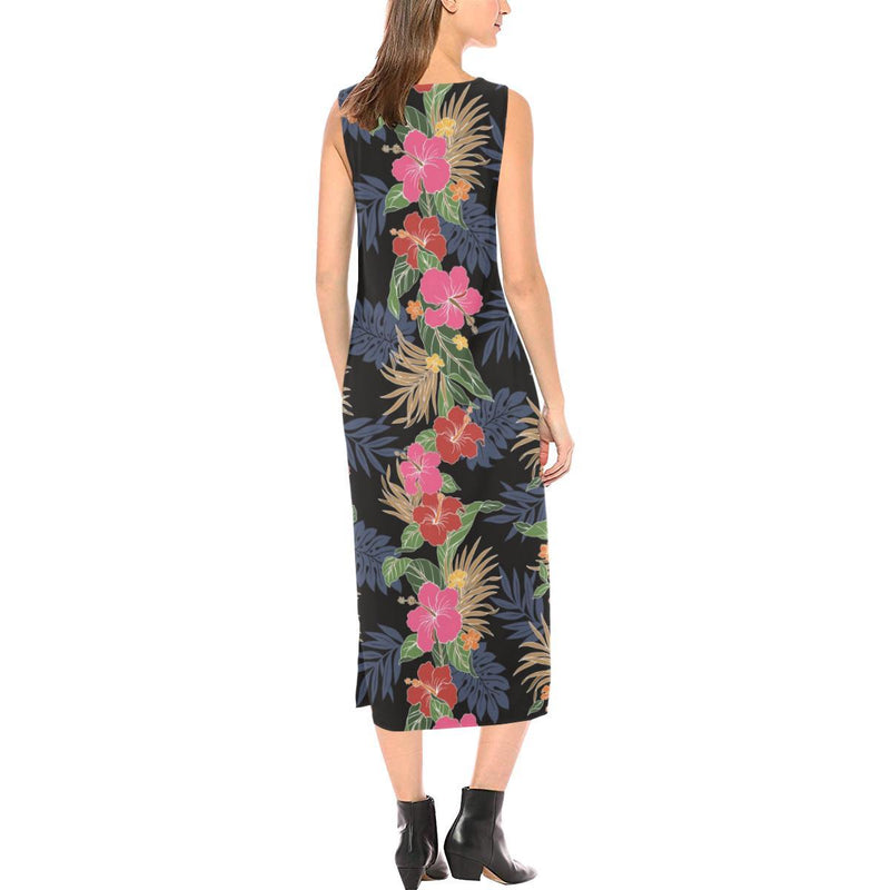 Hawaiian Themed Pattern Print Design H011 Sleeveless Open Fork Long Dress