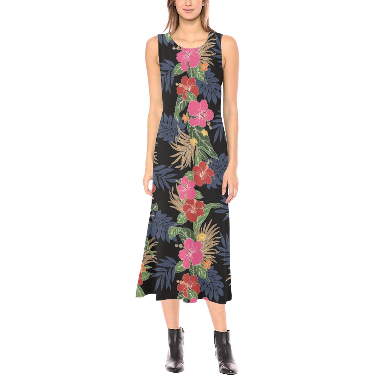Hawaiian Themed Pattern Print Design H011 Sleeveless Open Fork Long Dress