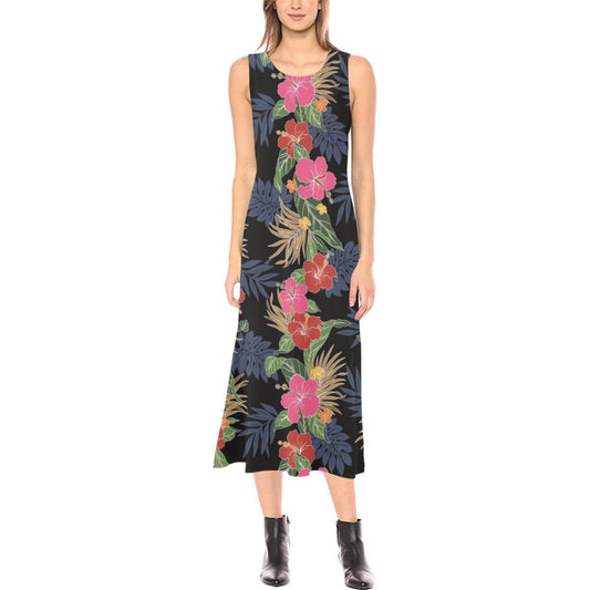 Hawaiian Themed Pattern Print Design H011 Sleeveless Open Fork Long Dress