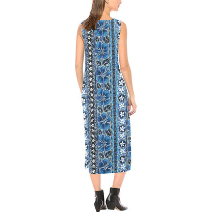 Hawaiian Themed Pattern Print Design H012 Sleeveless Open Fork Long Dress