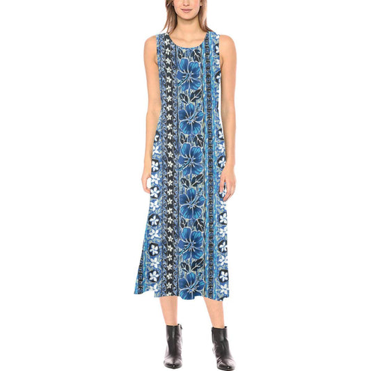 Hawaiian Themed Pattern Print Design H012 Sleeveless Open Fork Long Dress