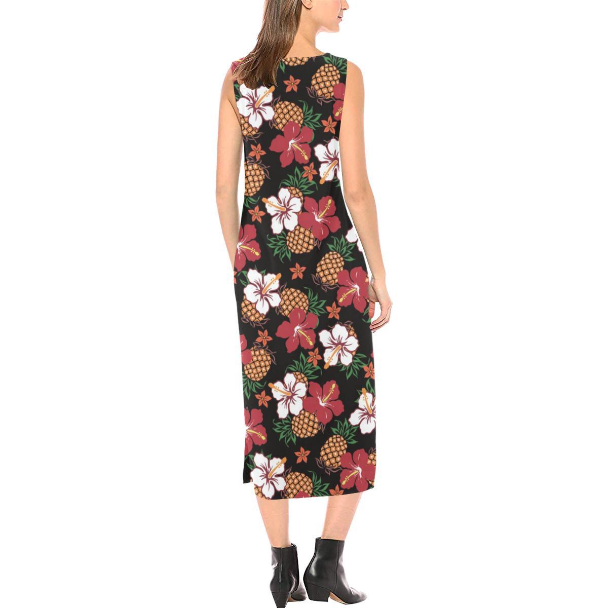 Hawaiian Themed Pattern Print Design H013 Sleeveless Open Fork Long Dress