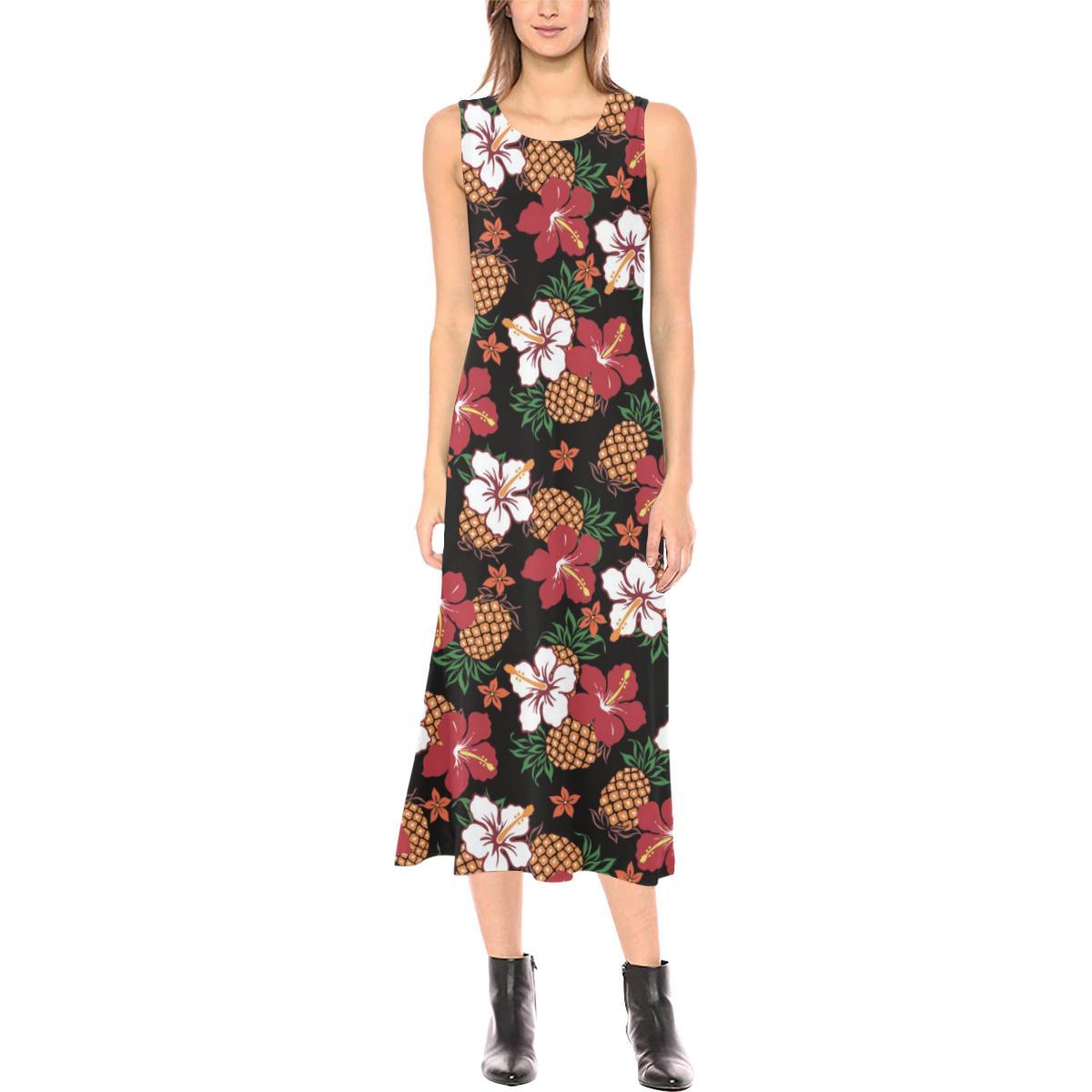 Hawaiian Themed Pattern Print Design H013 Sleeveless Open Fork Long Dress