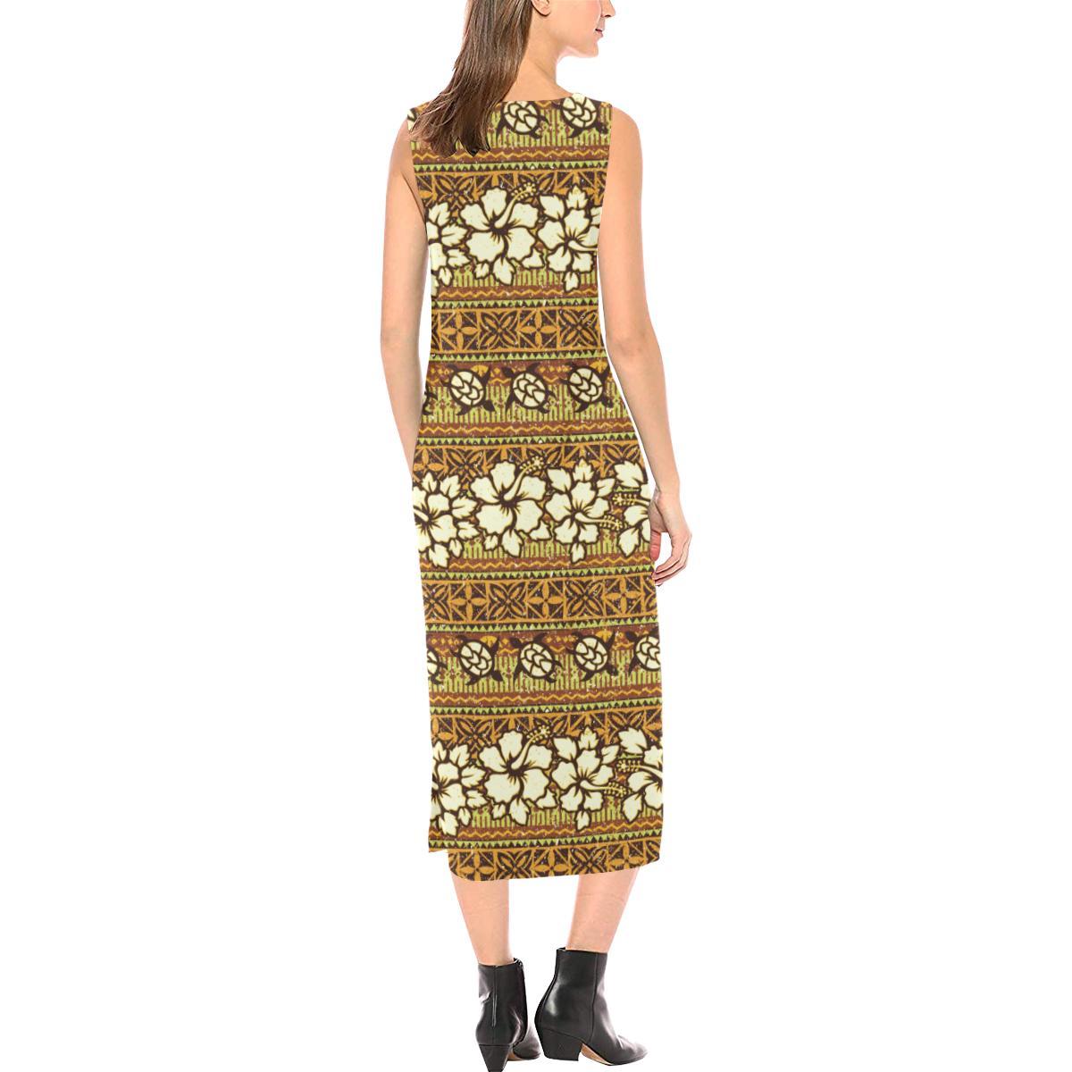 Hawaiian Themed Pattern Print Design H015 Sleeveless Open Fork Long Dress