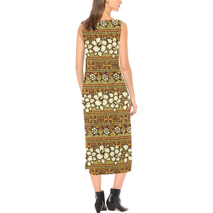 Hawaiian Themed Pattern Print Design H015 Sleeveless Open Fork Long Dress