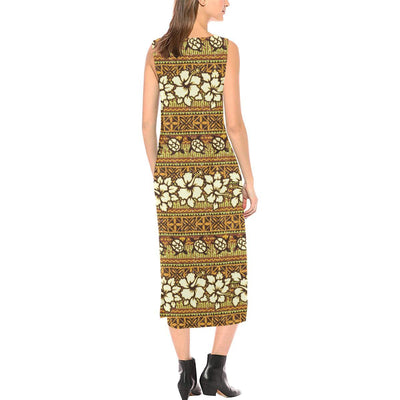 Hawaiian Themed Pattern Print Design H015 Sleeveless Open Fork Long Dress