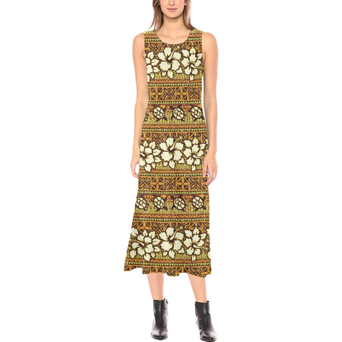 Hawaiian Themed Pattern Print Design H015 Sleeveless Open Fork Long Dress