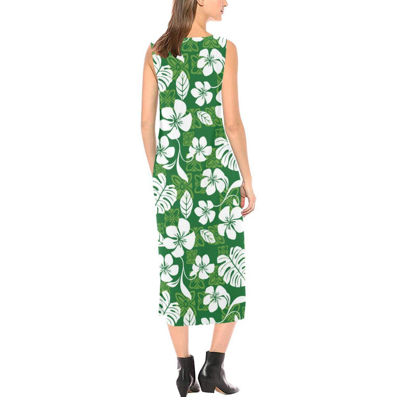 Hawaiian Themed Pattern Print Design H016 Sleeveless Open Fork Long Dress