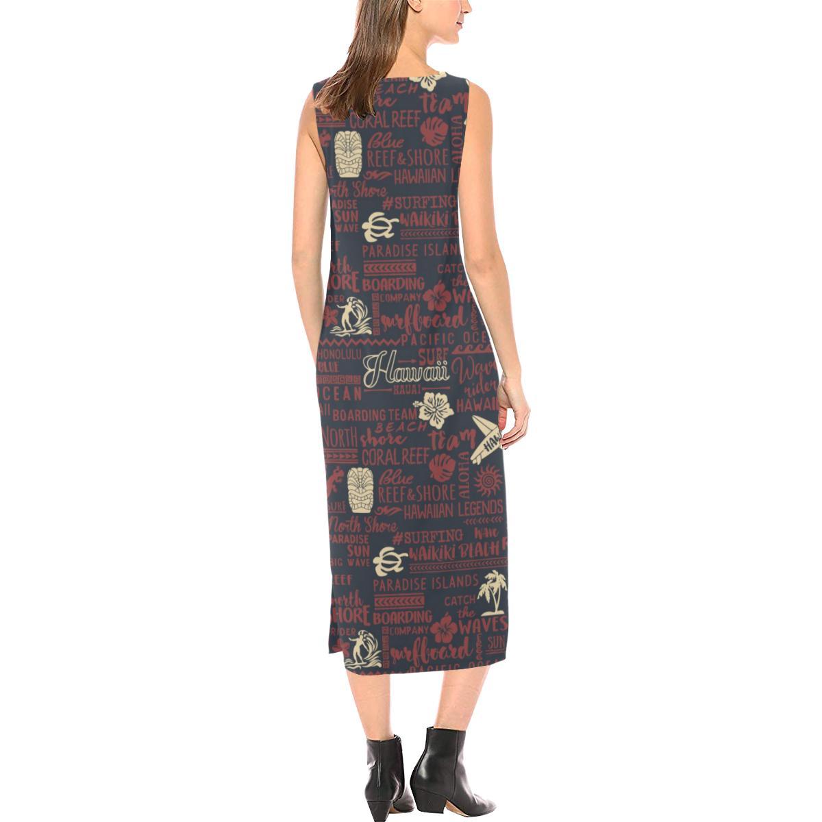 Hawaiian Themed Pattern Print Design H017 Sleeveless Open Fork Long Dress