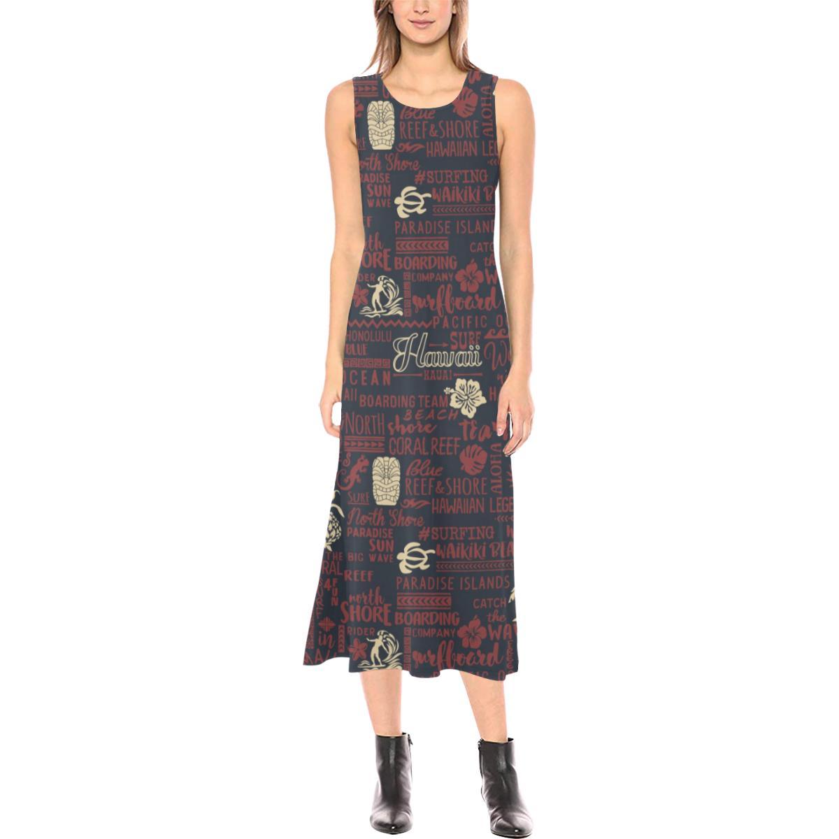 Hawaiian Themed Pattern Print Design H017 Sleeveless Open Fork Long Dress