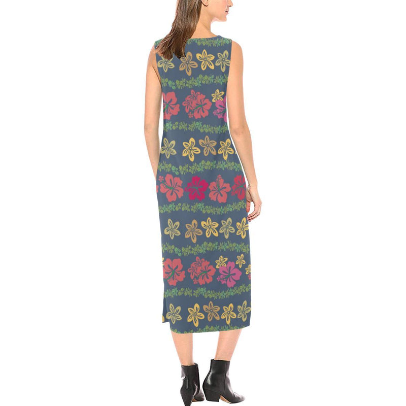 Hawaiian Themed Pattern Print Design H018 Sleeveless Open Fork Long Dress