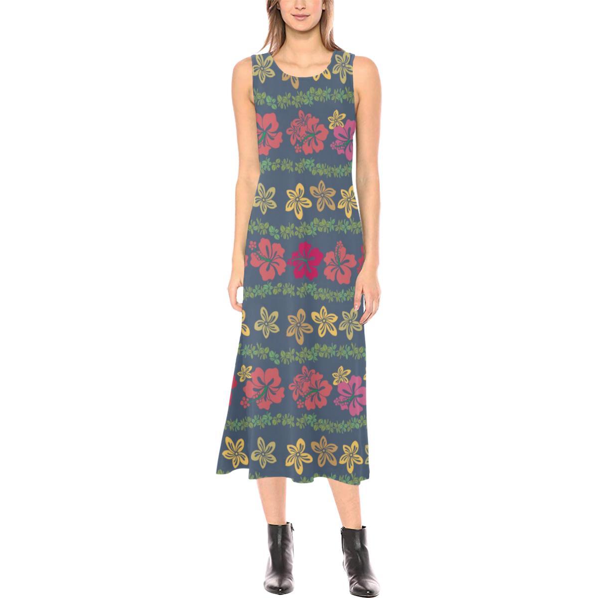 Hawaiian Themed Pattern Print Design H018 Sleeveless Open Fork Long Dress