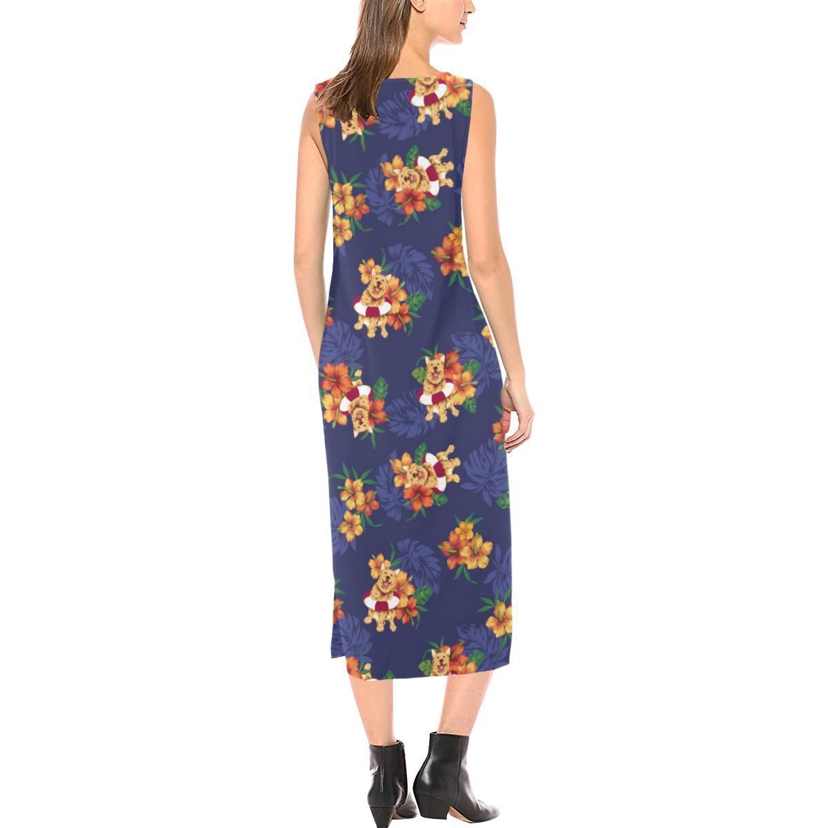 Hawaiian Themed Pattern Print Design H02 Sleeveless Open Fork Long Dress
