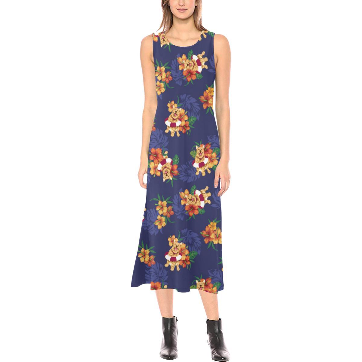 Hawaiian Themed Pattern Print Design H02 Sleeveless Open Fork Long Dress