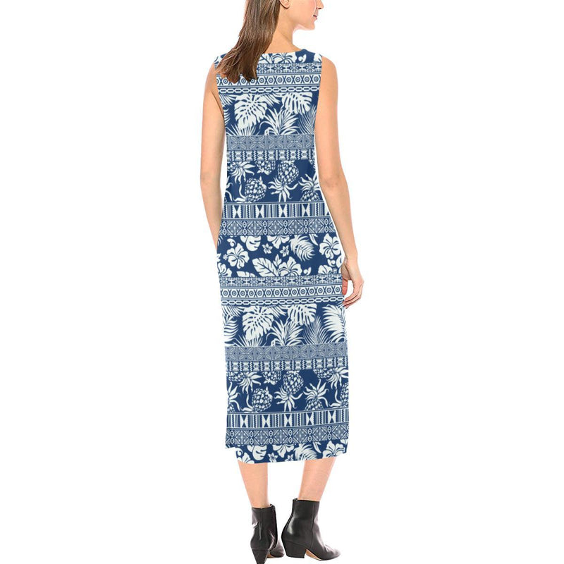 Hawaiian Themed Pattern Print Design H020 Sleeveless Open Fork Long Dress