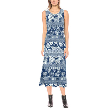 Hawaiian Themed Pattern Print Design H020 Sleeveless Open Fork Long Dress