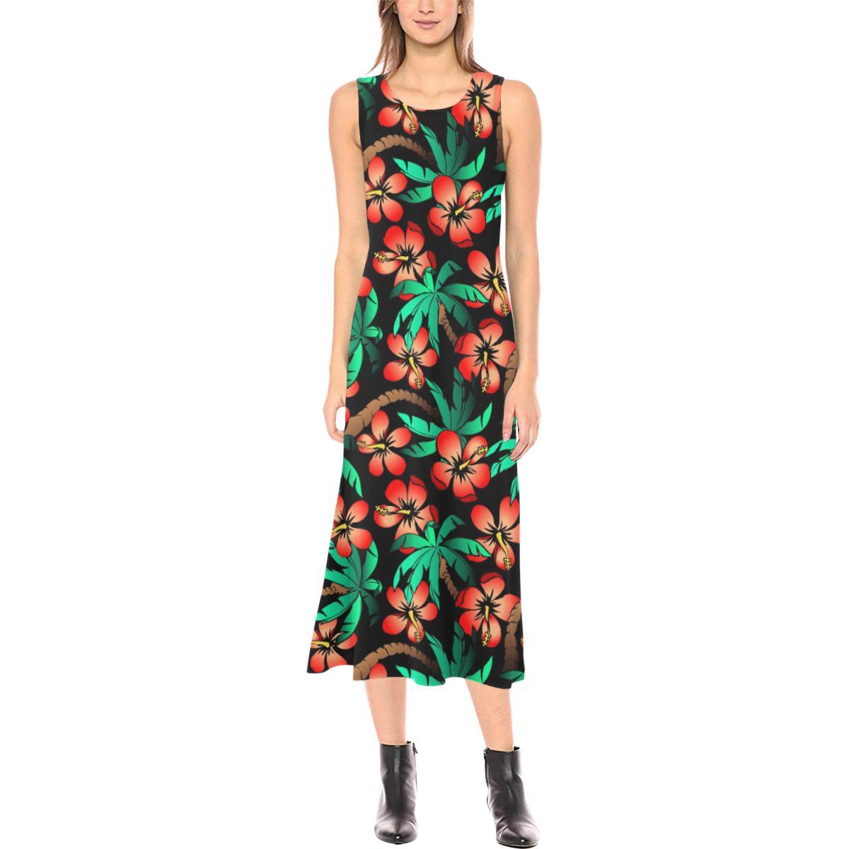 Hawaiian Themed Pattern Print Design H022 Sleeveless Open Fork Long Dress