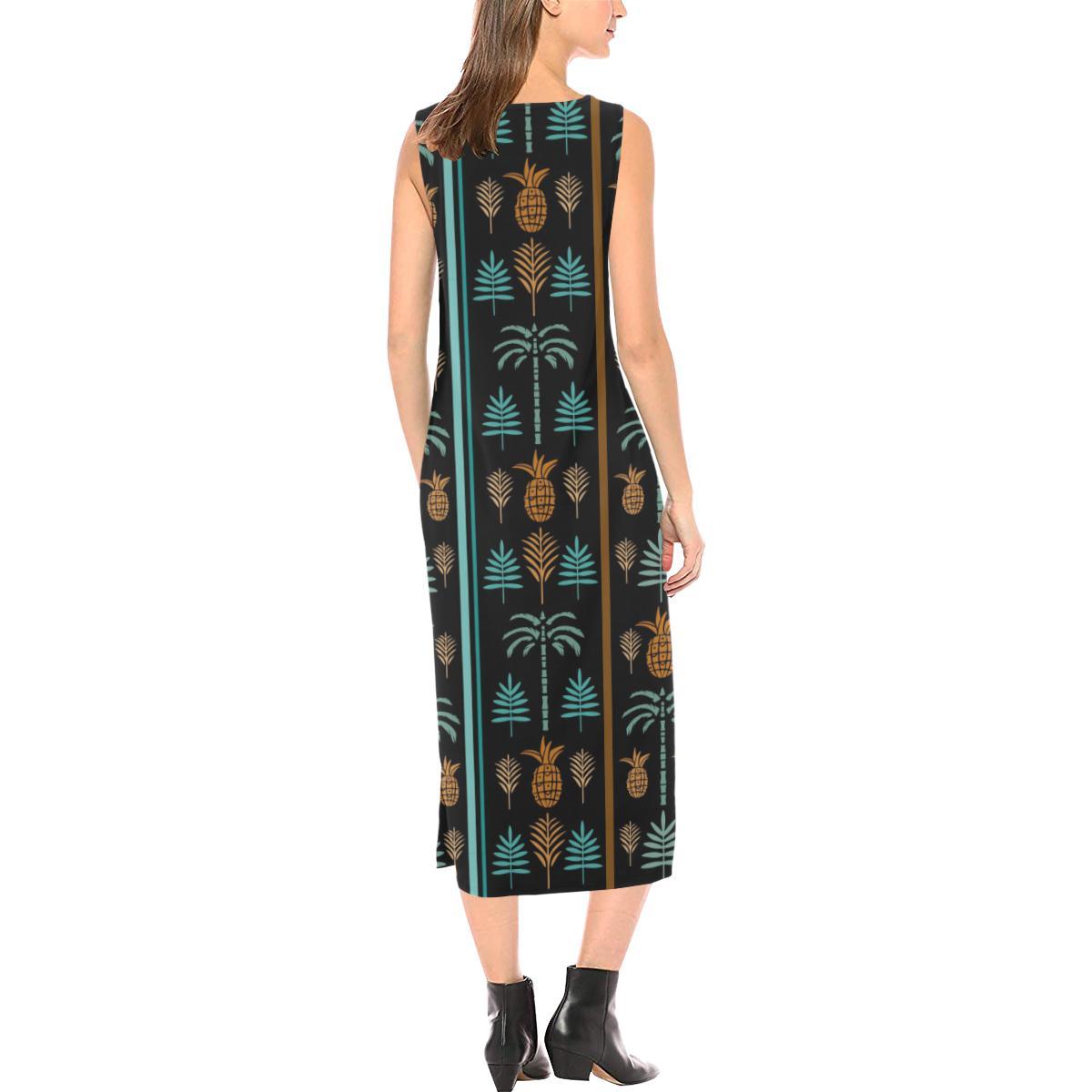 Hawaiian Themed Pattern Print Design H023 Sleeveless Open Fork Long Dress