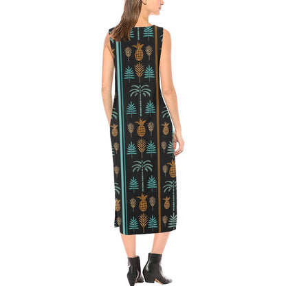 Hawaiian Themed Pattern Print Design H023 Sleeveless Open Fork Long Dress