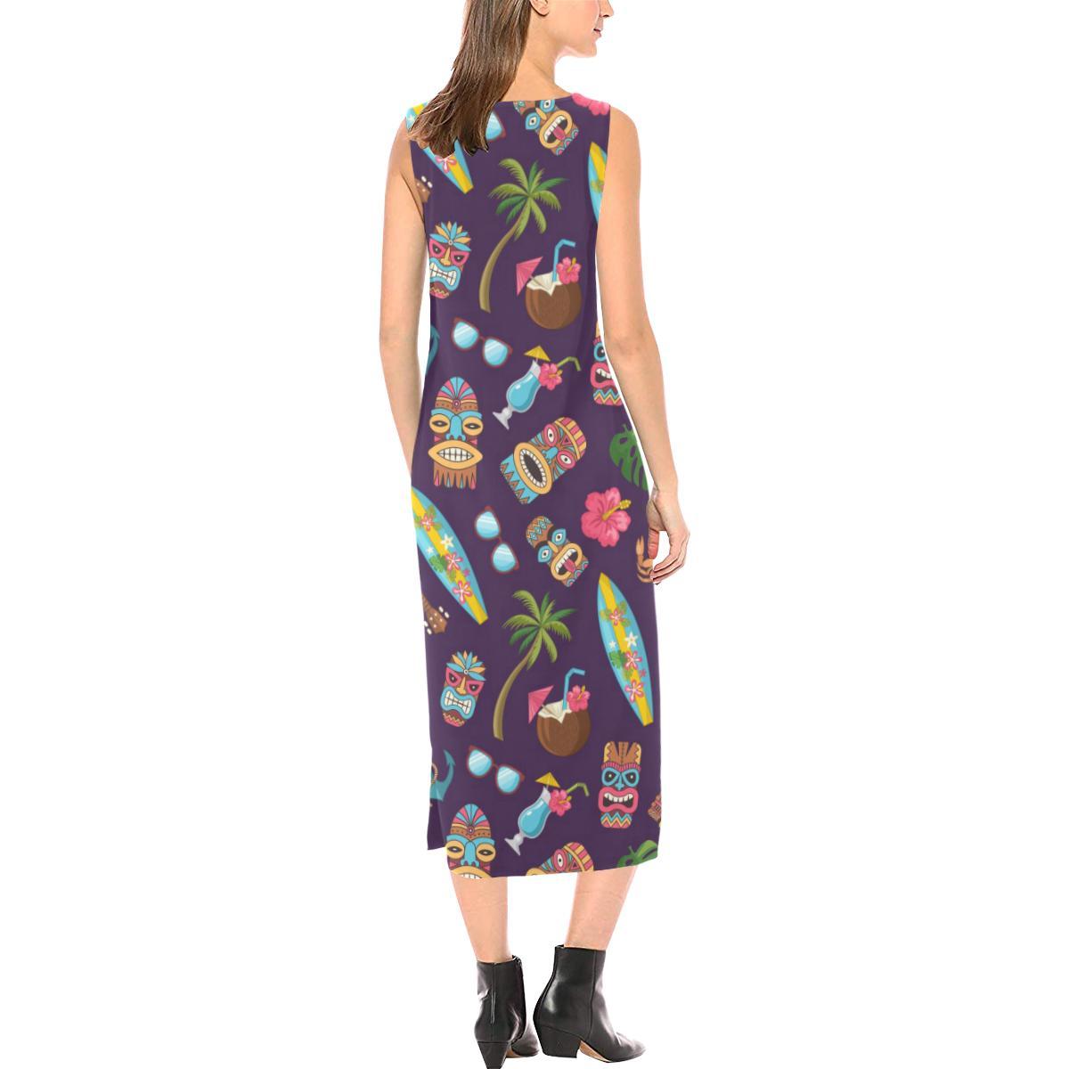 Hawaiian Themed Pattern Print Design H024 Sleeveless Open Fork Long Dress