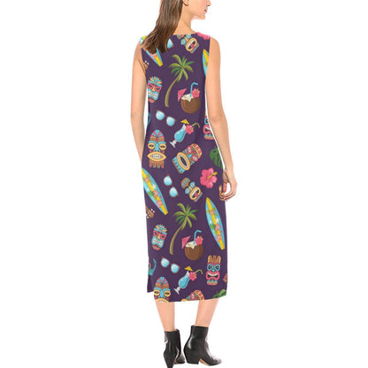 Hawaiian Themed Pattern Print Design H024 Sleeveless Open Fork Long Dress