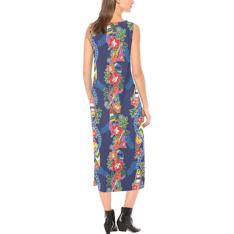 Hawaiian Themed Pattern Print Design H04 Sleeveless Open Fork Long Dress