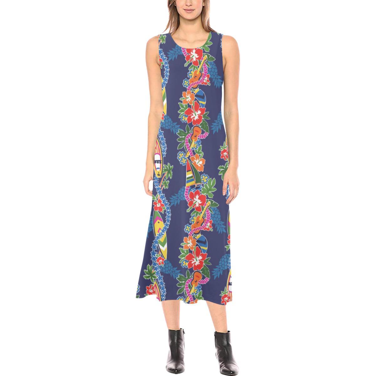 Hawaiian Themed Pattern Print Design H04 Sleeveless Open Fork Long Dress