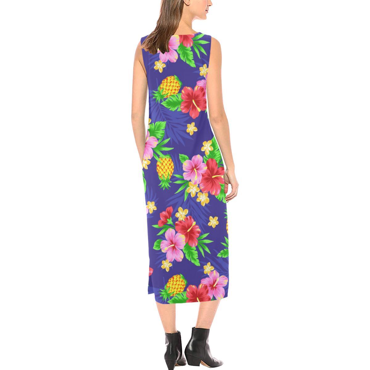 Hawaiian Themed Pattern Print Design H05 Sleeveless Open Fork Long Dress