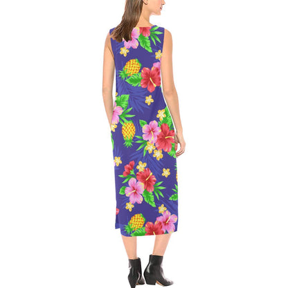 Hawaiian Themed Pattern Print Design H05 Sleeveless Open Fork Long Dress