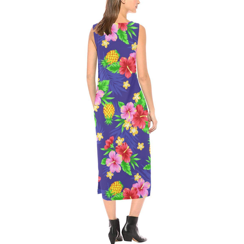 Hawaiian Themed Pattern Print Design H05 Sleeveless Open Fork Long Dress