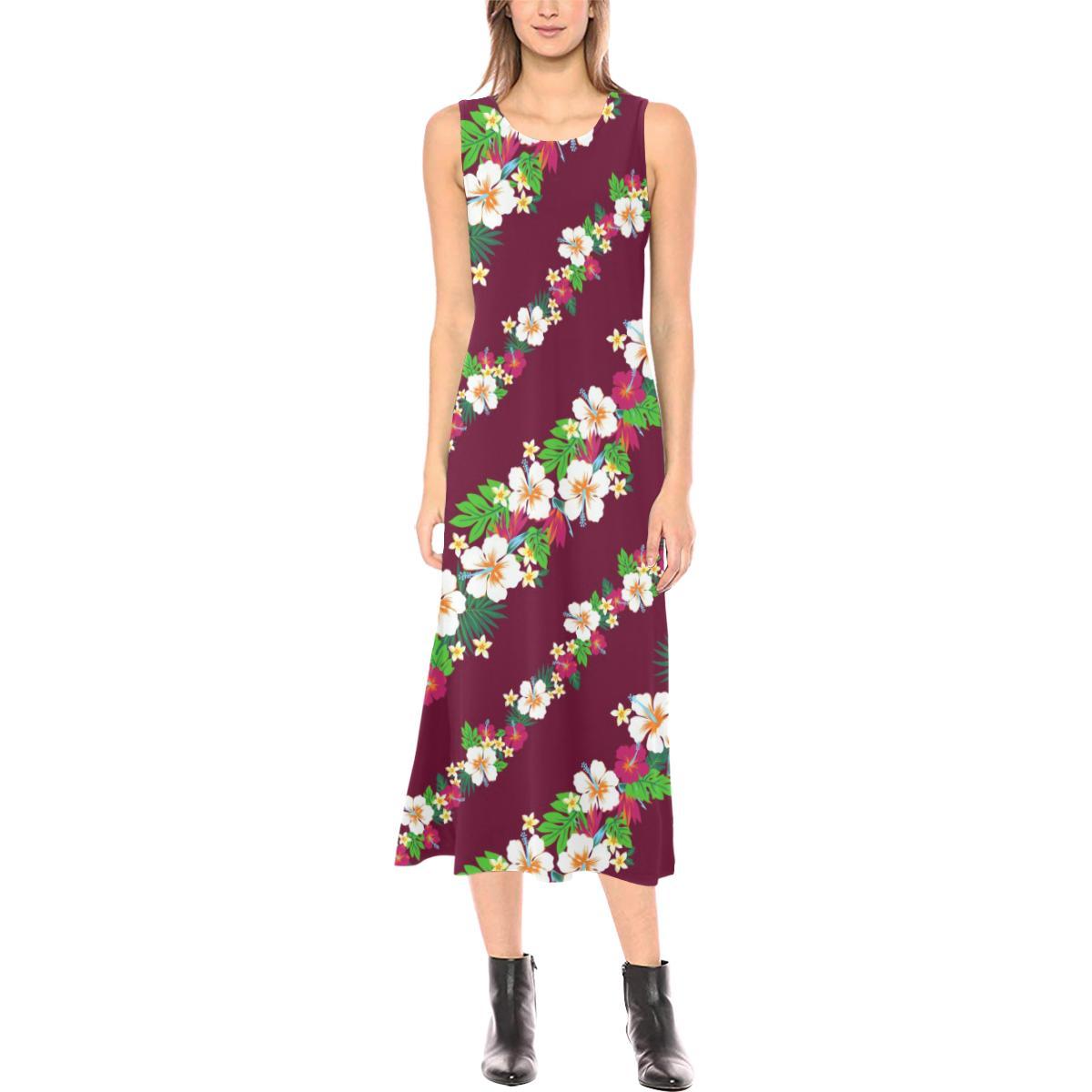 Hawaiian Themed Pattern Print Design H06 Sleeveless Open Fork Long Dress