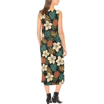 Hawaiian Themed Pattern Print Design H08 Sleeveless Open Fork Long Dress