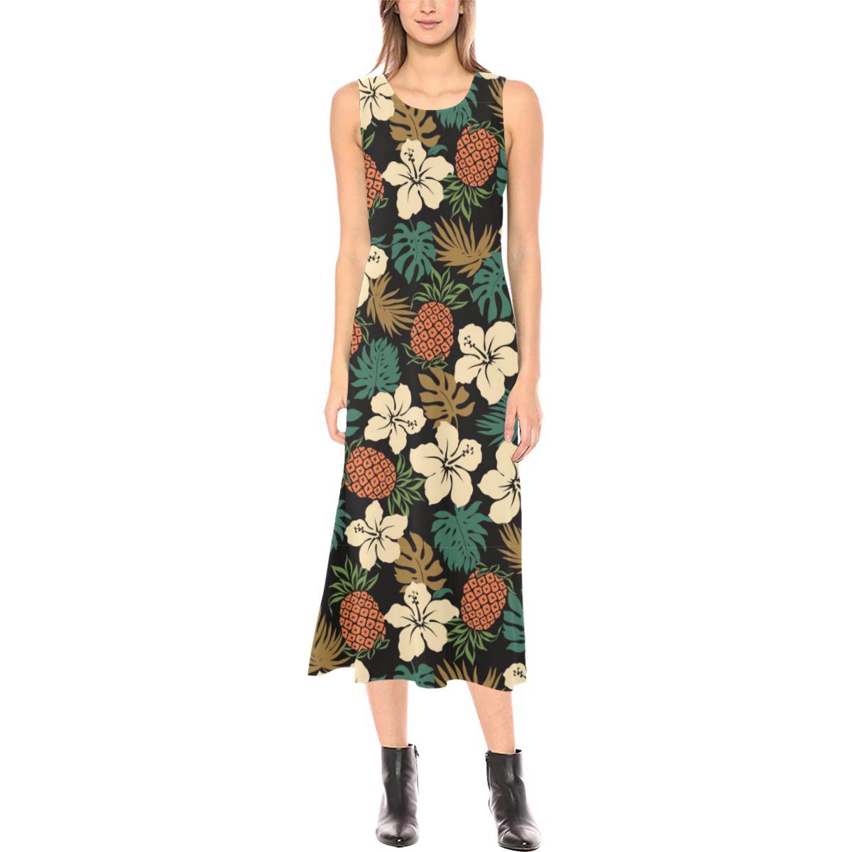 Hawaiian Themed Pattern Print Design H08 Sleeveless Open Fork Long Dress