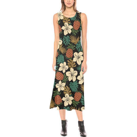 Hawaiian Themed Pattern Print Design H08 Sleeveless Open Fork Long Dress