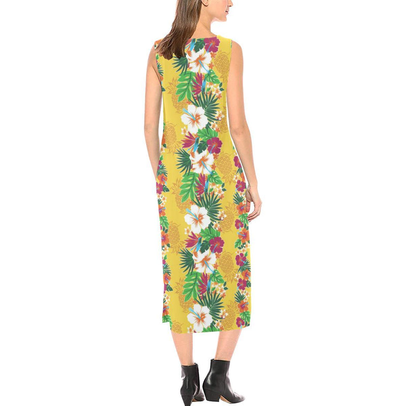 Hawaiian Themed Pattern Print Design H09 Sleeveless Open Fork Long Dress