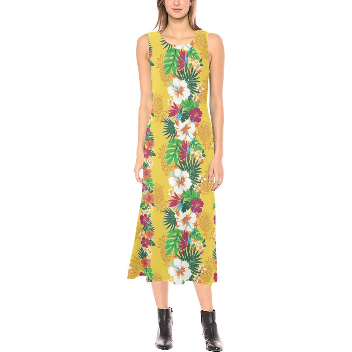 Hawaiian Themed Pattern Print Design H09 Sleeveless Open Fork Long Dress