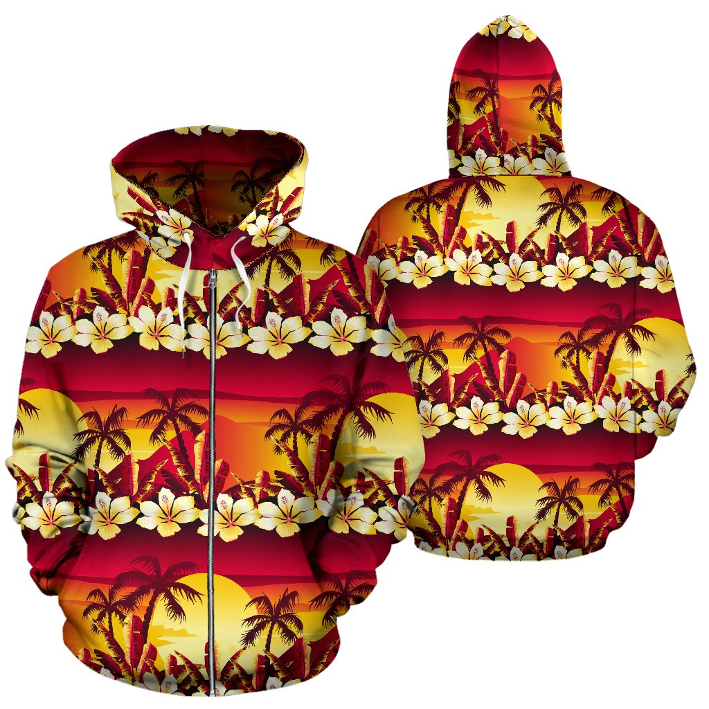 Hawaiian Tropical Sunset Hibiscus Print All Over Zip Up Hoodie