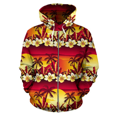 Hawaiian Tropical Sunset Hibiscus Print All Over Zip Up Hoodie