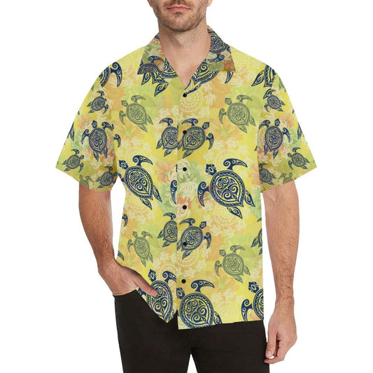 Hawaiian Turtle Tribal Design Print Men Hawaiian Shirt-JorJune