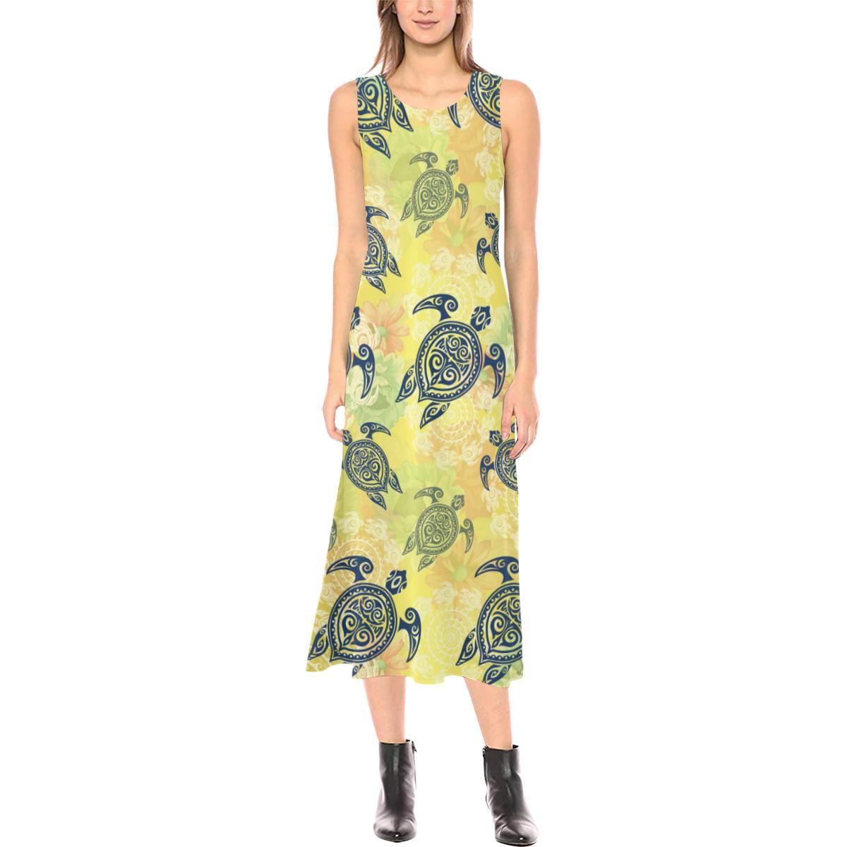 Hawaiian Turtle Tribal Design Print Sleeveless Open Fork Long Dress