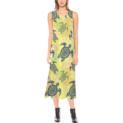 Hawaiian Turtle Tribal Design Print Sleeveless Open Fork Long Dress