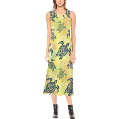 Hawaiian Turtle Tribal Design Print Sleeveless Open Fork Long Dress
