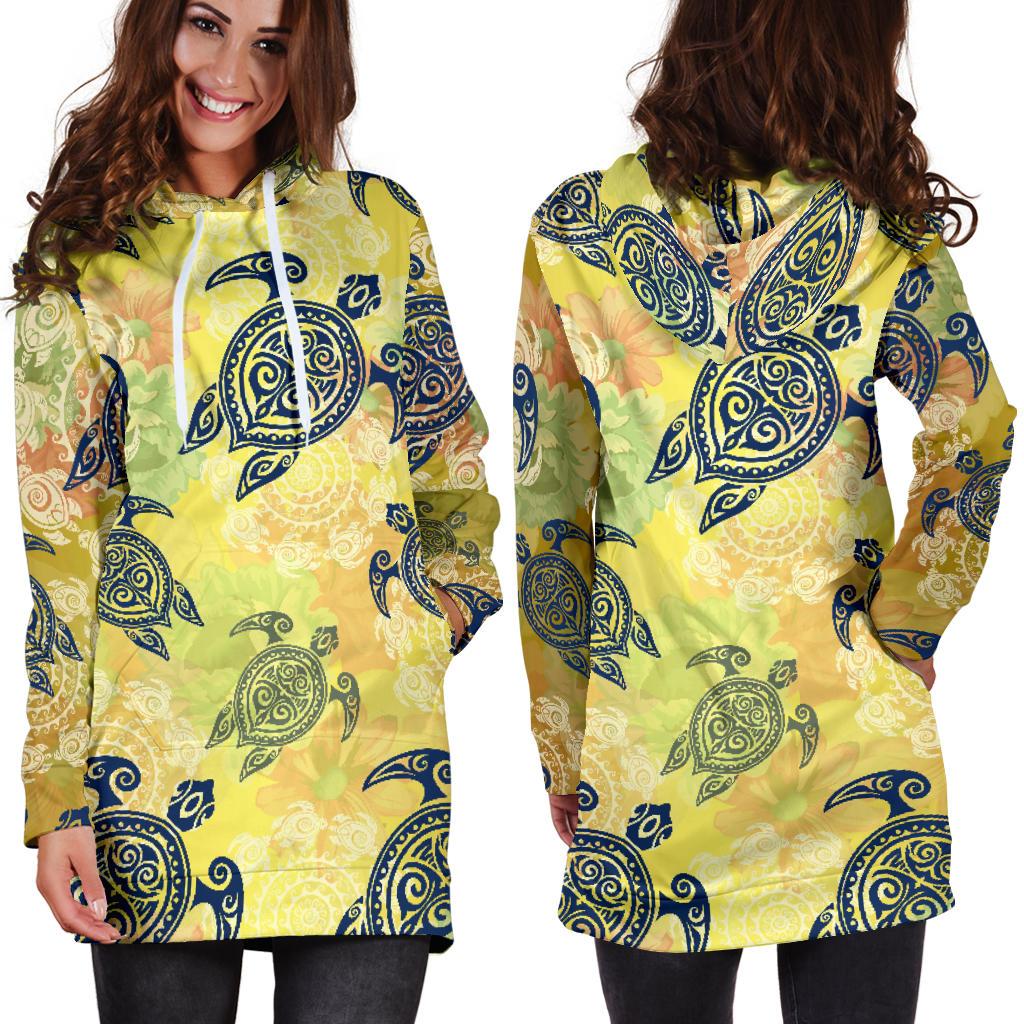 Hawaiian Turtle Tribal Design Print Women Hoodie Dress