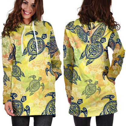 Hawaiian Turtle Tribal Design Print Women Hoodie Dress