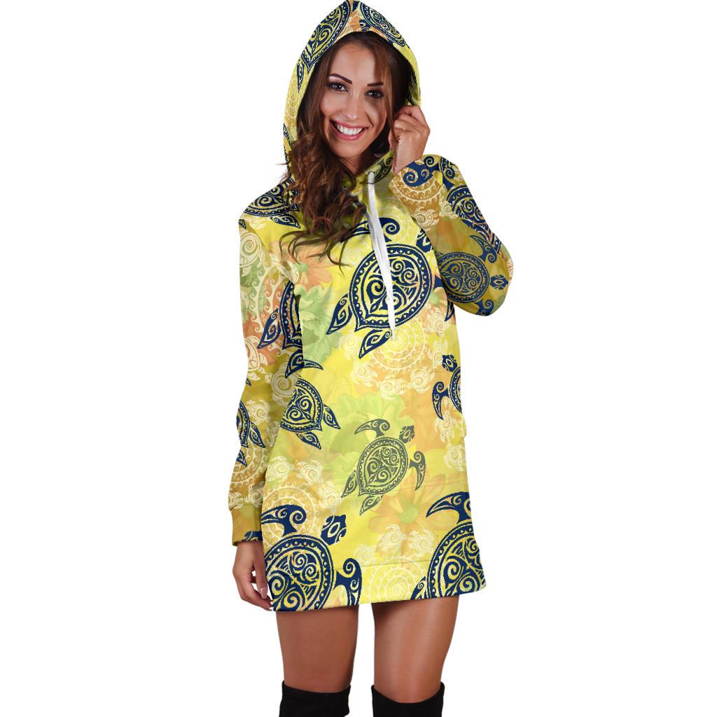 Hawaiian Turtle Tribal Design Print Women Hoodie Dress