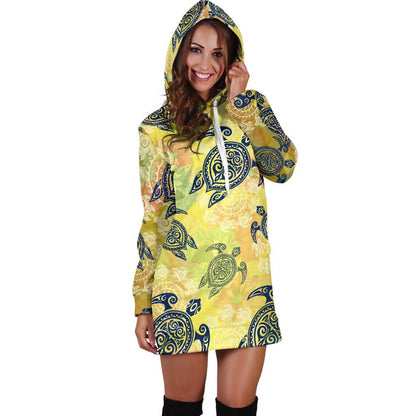 Hawaiian Turtle Tribal Design Print Women Hoodie Dress